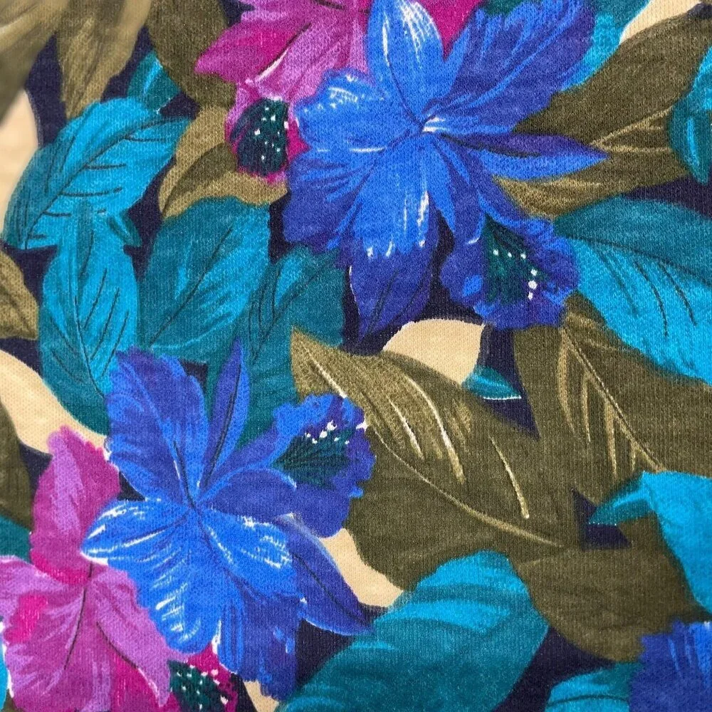 Vintage Fabric Tropical Floral Flowers Blue Fuchsia Teal Green 51